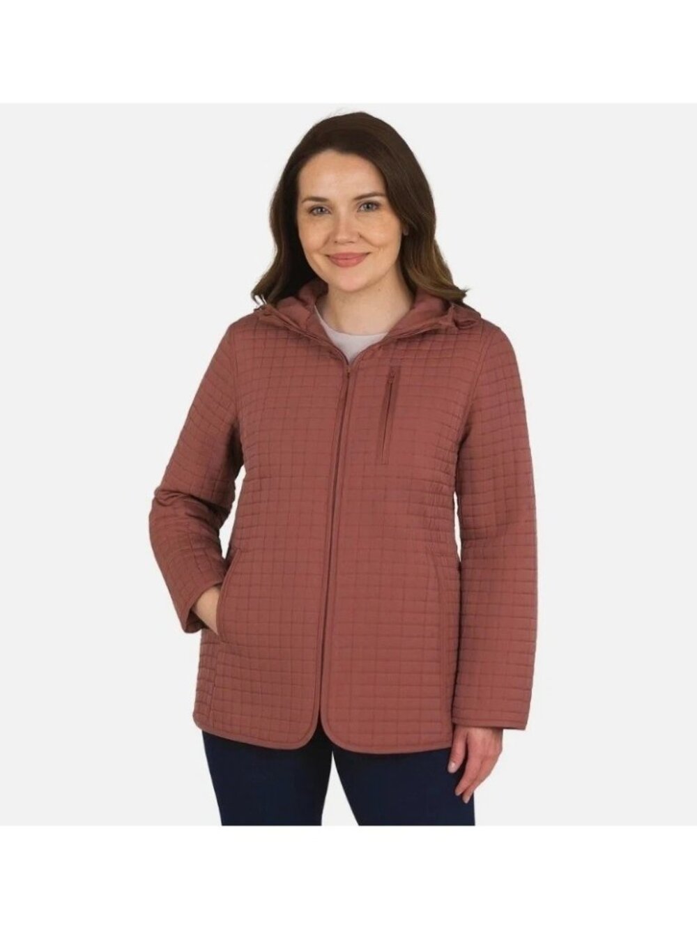 Lands End Women's L Quilted Hooded Jacket Rust Brown Full Zip Lightweight n1209